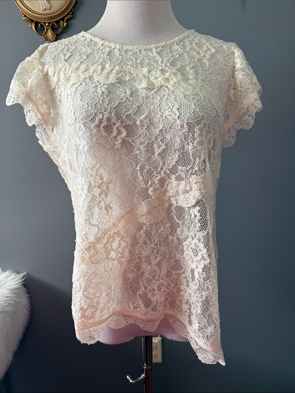 Anthropologie Ivory Lace Cap-Sleeve Blouse size M